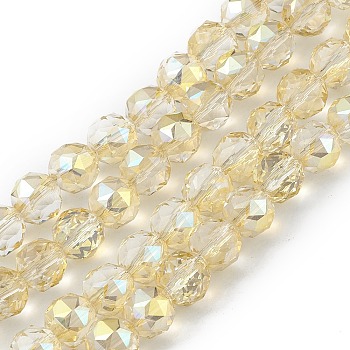 Transparent Electroplate Glass Beads Strands, Faceted, Round, Full Rainbow Plated, Yellow, 9~10x9~9.5mm, Hole: 1.4mm, about 54~60pcs/strand, 18.90~21.65 inch(48~55cm)