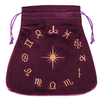 Velvet Packing Pouches, Drawstring Bags, Trapezoid with Constellation Pattern, Purple, 21x21cm