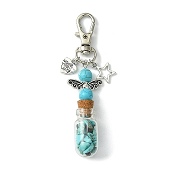 Glass Wishing Bottle with Synthetic Turquoise inside Pendant Decorations, Star & Heart Tibetan Style Alloy and Swivel Lobster Claw Clasps Charm, 86mm, Pendants: 58x21.5x13mm