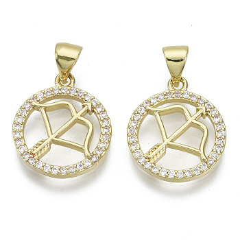 Brass Micro Pave Cubic Zirconia Pendants, Nickel Free, with Snap on Bail, Flat Round with Constellation, Clear, Real 18K Gold Plated, Sagittarius: 17.5x15x2mm, Hole: 4x3mm