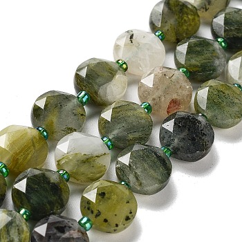 Natural Green Line Jasper Beads Strands, with Seed Beads, Faceted Hexagonal Cut, Flat Round, 12~12.5x5~6mm, Hole: 1.2~1.4mm, about 27~29pcs/strand, 15.55~15.75 inck(39.5~40cm)