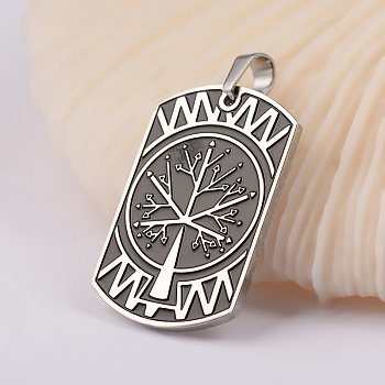 304 Stainless Steel Enamel Pendants, Rectangle with Tree, Antique Silver, 40x21.5x2mm, Hole: 5x6.5mm