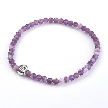 Natural Amethyst Stretch Bracelets, with Alloy Buddha Beads, 2-1/8 inch(5.4cm)