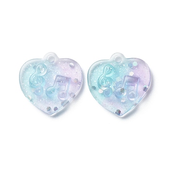 Two Tone Transparent Resin Pendants, with Glitter Powder, Heart Charm with Music Note Pattern, Lilac, Sky Blue, 20x20x5mm, Hole: 2mm