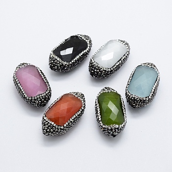 Faceted Natural Cat Eye Beads, with Polymer Clay Rhinestone, Oval, Mixed Color, 37~39x20~20.5x15~16mm, Hole: 1mm
