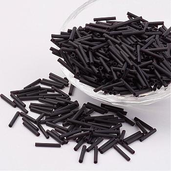 Glass Bugle Beads, Frosted Colours, Black, 9x2mm, Hole: 0.5mm, about 7000pcs/bag
