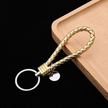 PU Leather Knitting Keychains, Wristlet Keychains, with Platinum Tone Plated Alloy Key Rings, Gold, 12.5x3.2cm
