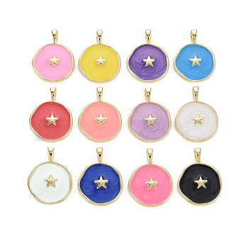 Brass Enamel Pendants, Cadmium Free & Nickel Free & Lead Free, Real 16K Gold Plated, Flat Round with Star, Mixed Color, 20.5x15.5x4.5mm, Hole: 2.5x3mm