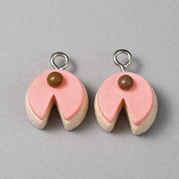 Opaque Resin Pendants, Cake Charms, Imitation Food, with Platinum Tone Iron Loops, Pink, 18x14x10mm, Hole: 2.2mm