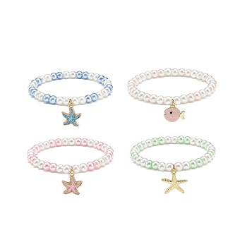 4Pcs 4 Styles Ocean Theme Alloy Enamel Stretch Charm Bracelets, with Round Glass Beads, Starfish/Fish, Golden, Mixed Color, Inner Diameter: 2-1/8 inch(5.5cm), 1pc/style