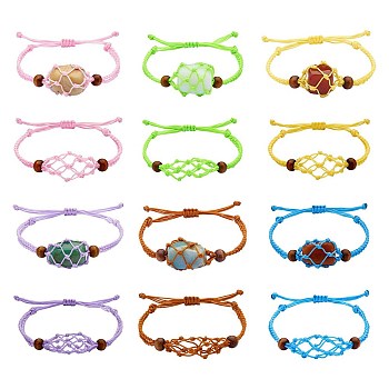 12Pcs Adjustable Braided Nylon Cord Macrame Pouch Bracelet Making, Interchangeable Stone, with Natural Wood Beads, Mixed Color, Inner Diameter: 1-7/8~3-1/4 inch(4.7~8.4cm)