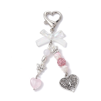 Heart Butterfly Bowknot Acrylic Pendant Decorations, with Heart Shape Alloy Lobster Claw Clasps, Pink, 108.5mm