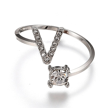 Alloy Cuff Rings, Open Rings, with Crystal Rhinestone, Platinum, Letter.V, US Size 7 1/4(17.5mm)