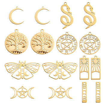 16Pcs 8 Style 304 Stainless Steel Charms, Snake & Moon & Butterfly, Real 18K Gold Plated, 19~29.5x6~44.5x1~2mm, Hole: 1.2~2mm, 2pcs/style