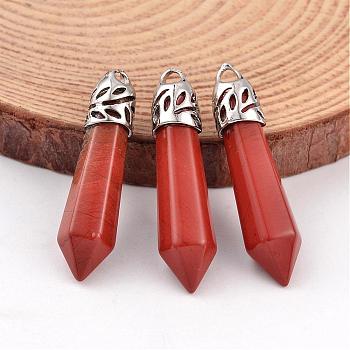 Bullet Natural Red Jasper Pendants, with Platinum Tone Alloy Findings, 33~40x8~10mm, Hole: 3x2mm