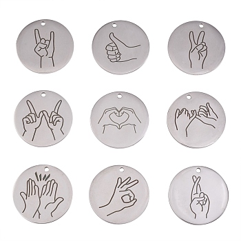 9Pcs 9 Styles 304 Stainless Steel Pendants, ASL Pendants, Flat Round with Gesture Language, Stainless Steel Color, 25x2mm, Hole: 2mm, 1pc/style