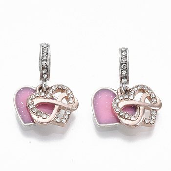 Alloy European Dangle Charms, with Crystal Rhinestone and Enamel, Large Hole Pendants, Quote Pendants, Heart with Word Family Forever and Always, Platinum, 25mm, Hole: 5mm, Heart: 14x13.5x2mm