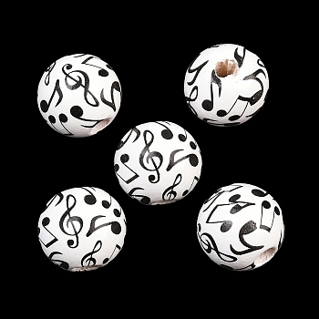 Printed Wood European Beads, Round with Musical Note Pattern, Large Hole Beads, White, 15~15.5x14.5~15mm, Hole: 4.5mm
