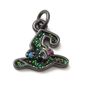 Halloween Sequins Brass Enamel Pendants, with Rhinestone and Jump Ring, Witch Hat Charm, Gunmetal, 11x11x2mm, Hole: 2.3mm