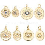 16Pcs 4 Styles Brass Micro Pave Cubic Zirconia Pendants, Flat Round with Evil Eye Charms, Cadmium Free & Lead Free, with Jump Ring, Golden, 12~15.5x10~15.5x1.5~2.5mm, Hole: 1.2~3mm, 4pcs/style(KK-BBC0024-13)