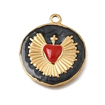 304 Stainless Steel Pendants, with Enamel, Flat Round with Heart Pattern Charms, Real 18K Gold Plated, Ion Plating(IP), Black, 21x18x2.5mm, Hole: 1.6mm(STAS-N108-106G-01)