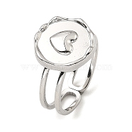 304 Stainless Steel Open Cuff Rings, Flat Round with Heart, Stainless Steel Color, US Size 6 3/4(17.1mm)(RJEW-Z018-27P)