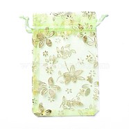 Organza Drawstring Jewelry Pouches, Wedding Party Gift Bags, Rectangle with Gold Stamping Flower Pattern, Pale Green, 15x10x0.11cm(OP-I001-A06)