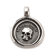 Tibetan Style 304 Stainless Steel Pendants, Flat Round with Skull, Antique Silver, 22.5x18x4mm, Hole: 3mm(STAS-M334-24AS)