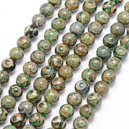 Tibetan Style 3-Eye dZi Beads , Natural Agate Bead Strands, Round, Dyed & Heated, Olive, 8mm, Hole: 1mm, about 23pcs/strand, 7.5 inch(G-K166-01-8mm-L2-02)