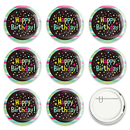 Tinplate Brooch, with Plastic Bottom & Iron Pin, Flat Round, Colorful, Birthday Themed Pattern, 58x4mm, 9pcs/set(JEWB-WH0012-028)