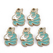 Alloy Enamel Pendants, Light Gold, Cadmium Free & Nickel Free & Lead Free, Unicorn, Medium Turquoise, 17x12x1.5mm, Hole: 1.4mm(ENAM-N055-012A-NR)