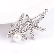 Alloy Rhinestone Starfish/Sea Stars Safety Brooches, with Acrylic Pearls, Platinum, 32x52mm(JEWB-L004-06P)