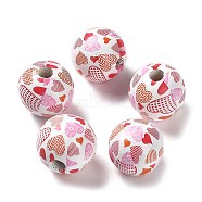 Valentine's Day Theme Printed Wood Beads, Round, Heart, 15~16x14.5~15mm, Hole: 3~4mm(WOOD-G017-02B)