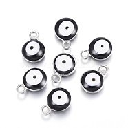 304 Stainless Steel Enamel Charms, Flat Round with Evil Eye, Stainless Steel Color, Black, 8.5x6x4mm, Hole: 1mm(X-STAS-G122-24D)