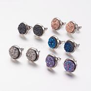 Druzy Resin Stud Earrings, with Brass Findings, Flat Round, Platinum, Mixed Color, 10x3~4mm, Pin: 0.7mm(EJEW-J096-B-P)