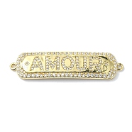 Rack Plating Brass Micro Pave Clear Cubic Zirconia Rectangle Links, Word AMOUR Connector Charms, Long-Lasting Plated, Lead Free & Cadmium Free, Real 18K Gold Plated, 44.5x11.5x3mm, Hole: 1.4mm(KK-M282-20G)