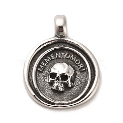 Tibetan Style 304 Stainless Steel Pendants, Flat Round with Skull, Antique Silver, 22.5x18x4mm, Hole: 3mm(STAS-M334-24AS)