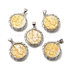 Brass with Natural Shell Carved Pendants, Rack Plating, Flat Round with Fairy, Platinum, 22x19.5x3.5mm, Hole: 3x4mm(KK-Z091-07P-03)