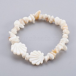 White Shell Chip Beads Stretch Bracelets, with Freshwater Shell Beads, Scallop, 2 inch(5.2cm), 4~13x1~6mm and 15~16x16x2~3mm(BJEW-JB03982-03)