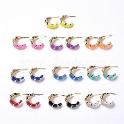Brass Enamel Stud Earrings, Real 18K Gold Plated Half Ring Jewelry for Women, Mixed Color, 20.5x15.5x9mm, Pin: 1mm(EJEW-A093-06G)