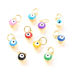 Brass Enamel Pendants, Long-Lasting Plated, Real 18K Gold Plated, with Jump Rings, Column with Evil Eye, Mixed Color, 7x3.5x4.5mm,Jump Ring: 5x0.6mm, 3mm inner diameter.(KK-Y001-02B-G)