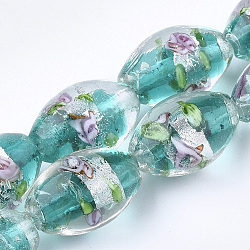 Handmade Silver Foil Glass Lampwork Beads, Oval with Flower, Dark Cyan, 16~17x9~11mm, Hole: 1.5~2mm(X-LAMP-Q030-02H)