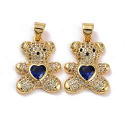 Brass Micro Pave Cubic Zirconia Pendants, Real 18K Gold Plated, Lead Free & Cadmium Free, Bear with Heart, Dark Blue, 19.5x14.5x4mm, Hole: 4x3.5mm(KK-K258-24D-G-RS)