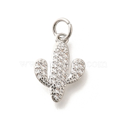 Brass Micro Pave Clear Cubic Zirconia Pendants, with Jump Ring, Long-Lasting Plated, Lead Free & Cadmium Free, Cactus Charms, Platinum, 16x11x2.5mm, Hole: 3.5mm(KK-L225-032P)