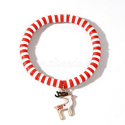 Elegant Christmas Handmade Polymer Clay Heishi Beaded Stretch Bracelets, Enamel Charm Bracelets for Women, Deer, 6-7/8 inch(17.5cm)(MV9996-1)