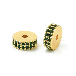 Rack Plating Brass Micro Pave Cubic Zirconia Beads, Long-Lasting Plated, Lead Free & Cadmium Free, Flat Round/Disc, Real 18K Gold Plated, Dark Green, 7.5x3mm, Hole: 1.4mm(KK-F879-14G-10)