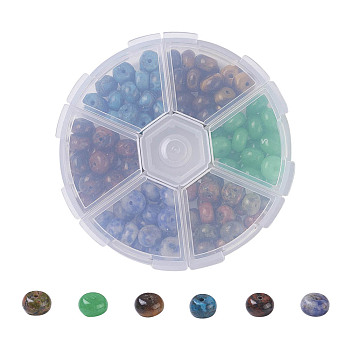 Natural Mixed Stone Beads Set, Unakite & Blue Agate & Blue Spot Jasper & Mahogany Obsidian & Tiger Eye & Malaysia Jade, Rondelle, 8x5mm, Hole: 1mm, about 20pcs/compartment, about 120pcs/box