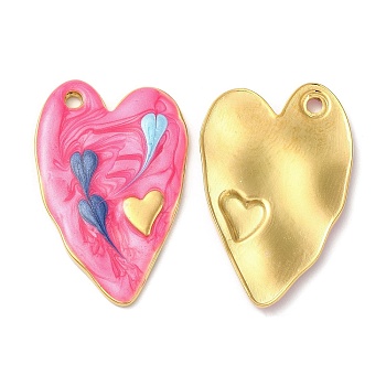 304 Stainless Steel Enamel Pendants, Real 18K Gold Plated, Heart Charm, Deep Pink, 36x24x2.5mm, Hole: 2.5mm