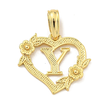 Heart Brass Pendants, Long-Lasting Plated, Cadmium Free & Lead Free, Real 18K Gold Plated, Letter Y, 18x20x3mm, Hole: 3.5x7mm