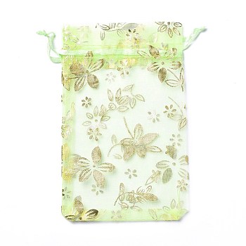 Organza Drawstring Jewelry Pouches, Wedding Party Gift Bags, Rectangle with Gold Stamping Flower Pattern, Pale Green, 15x10x0.11cm